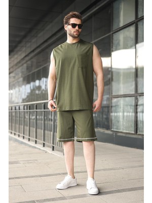 Madmext Haki Bisiklet Yaka Kolsuz Erkek Şort T-Shirt Takım E7351