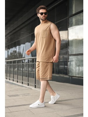 Madmext Kapuçino Bisiklet Yaka Kolsuz Erkek Şort T-Shirt Takım E7351