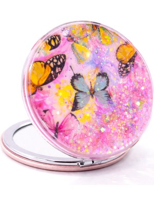 Özgürce Kelebek Tasarımlı Sulu Akışkan Simli Çift Taraflı Büyüteçli Cep Makyaj Aynası