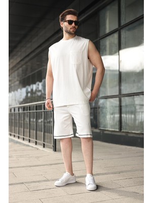 Madmext Ekru Bisiklet Yaka Kolsuz Erkek Şort T-Shirt Takım E7351