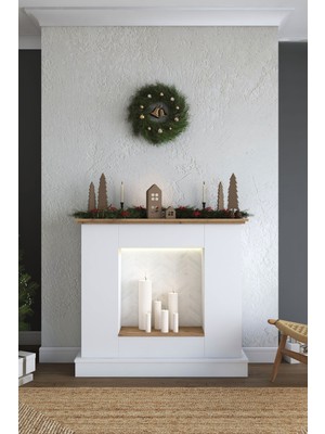 Özgürce Aydınlatmalı Dekoratif Raflı Gizli Depolama Alanlı Beyaz Şömine