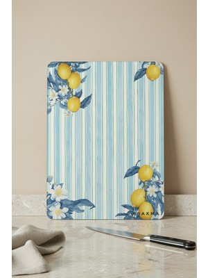Feyza Design Çizgili Mavi Limon Çiçek Temiz Cam Kesme Tahtası 25X35 cm