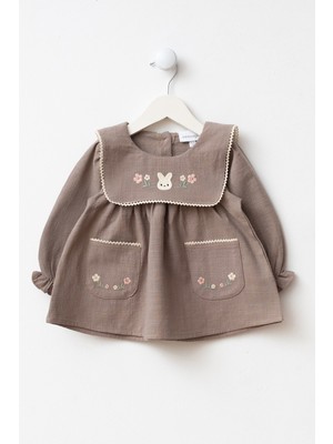 Minipodyum Nakış Detaylı Cepli Bebe Yaka Bayramlık Keten Kız Bebek Elbise