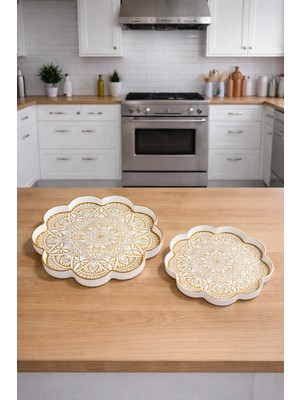 Zucci Home Akdeniz Esintisi 2'li Dekoratif Papatya Sunum Tepsisi | Daisy Mandala | Şık Servis Tepsisi - 36X36/28X28 cm