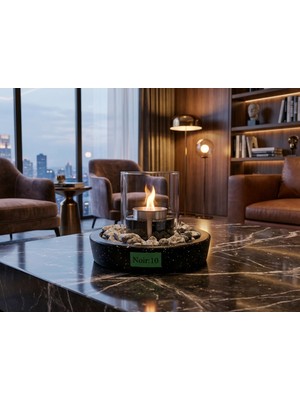 Özgürce Şık Siyah Granit Efektli Camlı Masa Üstü Bioethanol Şömine ve Metal Söndürme Aparatı