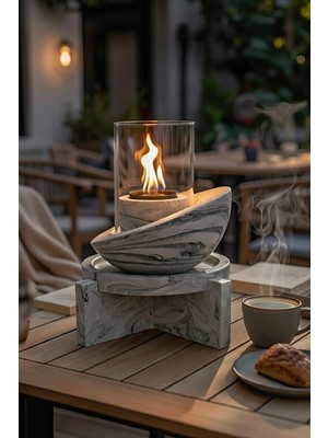 Özgürce Şık Siyah Beyaz Mermer Desenli Beton Masaüstü Bioethanol Şömine