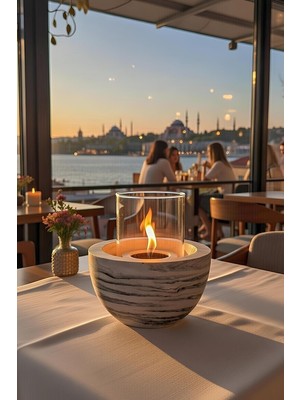 Özgürce Siyah Beyaz Mermer Desenli Betondan Bioethanol Şömine ve Cam Korumalı Yakıt Seti