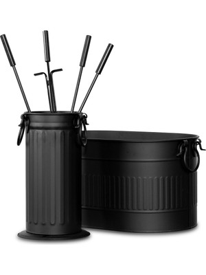 Özgürce Siyah Oval Şömine Odunluk ve Maşa Takımı Seti, Şık ve Kullanışlı Tasarım