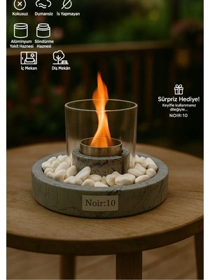 Özgürce Mermer Desenli Camlı Masa Üstü Şömine, Beyaz Taş ve Biyoetanol Yakıtlı