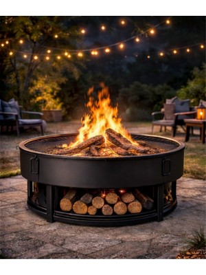 Özgürce Yuvarlak Demir Ateş Çukuru, Odun Hazneli, Kamp ve Bahçe Şöminesi