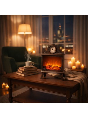 Özgürce Alev Efektli Ayaklı Şömine Masa Saati, Şarjlı, Şık ve Kullanışlı Tasarım