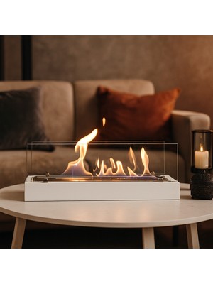 Özgürce Beyaz Ahşap Modern Bioethanol Şömine – Alevli Dekor ve Yılbaşı Hediyesi