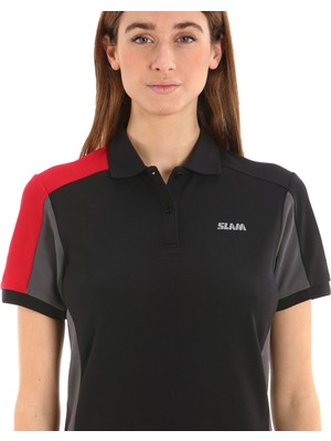 Slam Siyah - Gri - Kırmızı Kadın Polo Yaka Regular Fit T-Shirt A908005S00_ACT Ws Logo Tactel
