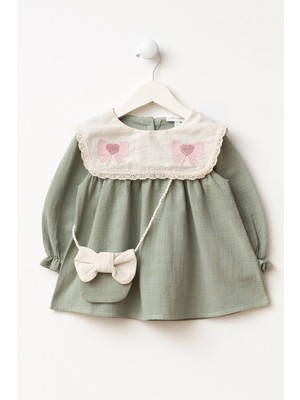 Minipodyum Nakış Detaylı Bebe Yaka Çantalı Bayramlık Keten Kız Bebek Elbise