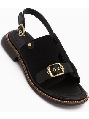 Limoya Neveen Siyah Süet Tokalı Kadın Sandalet