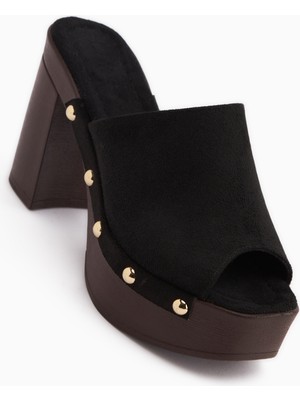 Limoya Gracia Siyah Süet Platform Topuklu Kadın Terlik