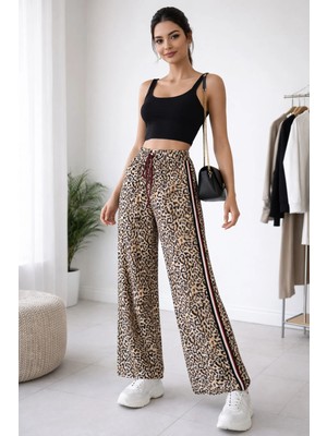 Meghan L.A Leopar Desenli Ipli Bel Geniş Bacak Kadın Pantolon