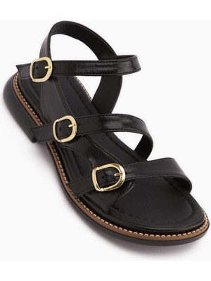 Limoya Myra Siyah Çift Bantlı Kadın Sandalet