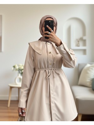 Modamorfo Geniş Yakalı Beli Bağlamalı Bonding Kap -Bej