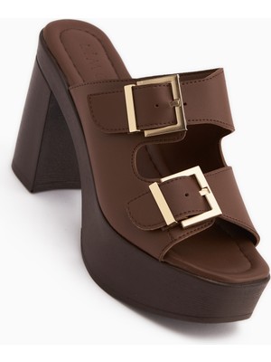 Limoya Leida Kahve Tokalı Platform Topuklu Kadın Terlik