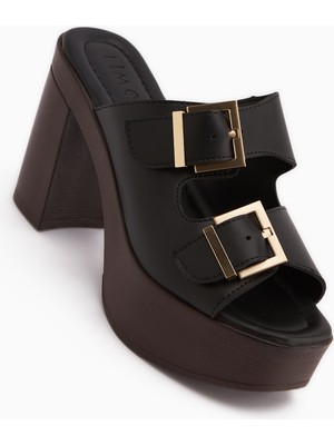 Limoya Leida Siyah Tokalı Platform Topuklu Kadın Terlik