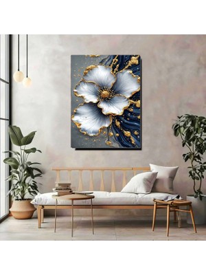 Artprinta Gold Detaylı Mavi Çiçek Kanvas Tablo – Modern Lüks Duvar Dekoru