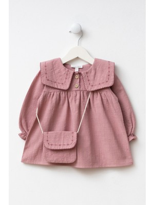Minipodyum Yakası Nakışlı Çantalı Bayramlık Keten Kız Bebek Elbise