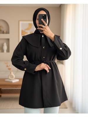 Moda Morfo Geniş Yakalı Beli Bağlamalı Bonding Kap -Siyah
