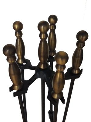 Özgürce Antik Sarı Top Başı Figürlü Şömine Maşa ve Kürek Takımı