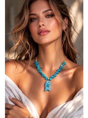 Solare Accessories Turkuaz Doğaltaş Balık Form Bohem Kolye