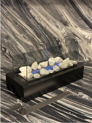 Özgürce Metal Siyah Masa Üstü Şömine, Yakıt ve Dekoratif Taş, Sertifikalı