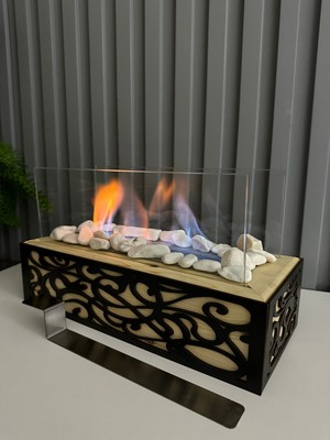 Özgürce Şık Ahşap Masa Üstü Siyah Işlemeli Bioethanol Şömine ve Dekoratif Taş