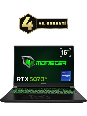 Monster Tulpar T6 V3.7.8 Intel Core i9 13900HX 64 GB RAM 1 TB SSD 12 GB RTX 5070 Ti FreeDOS 16" QHD+ 180 Hz Oyun Bilgisayarı