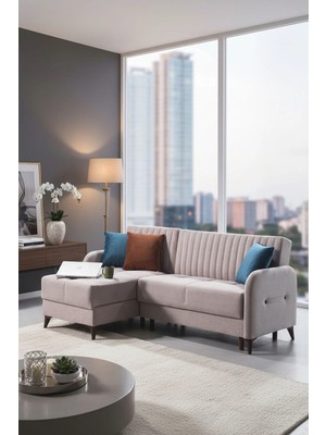 Nikshop Kiel Yataklı Köşe Koltuk Takımı - Krem