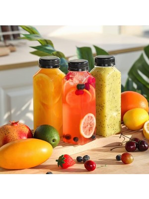 250 ml Smoothie Detoks Şişesi 250 cc Kapaklı Şeffaf Plastik Şişe Detox Köşeli Dondurucuya Uygun 6 Ad