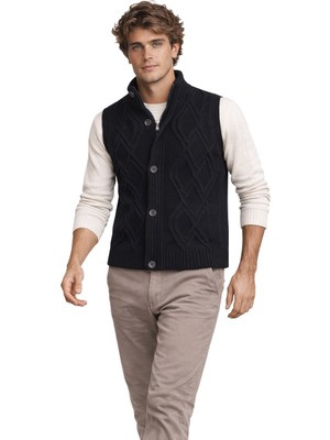 Çizgi Triko Erkek Kalın Örgü Triko Yelek Düğmeli ve Fermuarlı Cepli Klasik Kalıp - 5248L