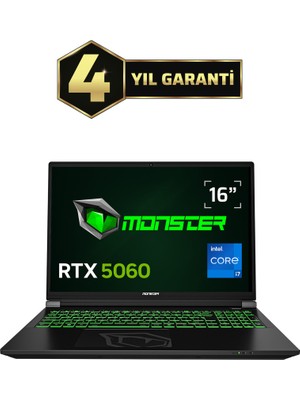 Monster Tulpar T6 V3.3.9 Intel Core i7 13700HX 64 GB RAM 1 TB SSD 8 GB RTX 5060 Windows 11 Home 16" FHD+ 165 Hz Oyun Bilgisayarı