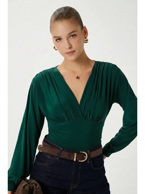 Ritnice Kadın Sante V Yaka Zümrüt Yumuşak Sandy Bluz