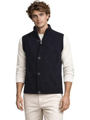 Çizgi Triko Erkek Kalın Örgü Triko Yelek Düğmeli ve Fermuarlı Cepli Klasik Kalıp - 5248L