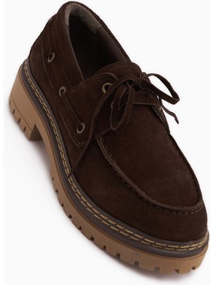 Limoya Matina Hakiki Deri Kahve Süet Bağcıklı Kalın Taban Kadın Loafer Ayakkabı