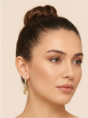 Gante Life Dikdörtgen Figürlü Taş Detaylı Altın Rengi Halka Kadın Küpe