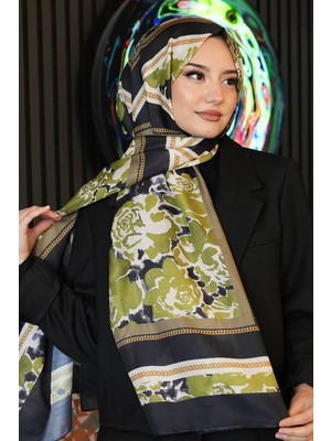 Afvente Zincir Gül Desen Yağ Yeşili Soft Pamuk Şal