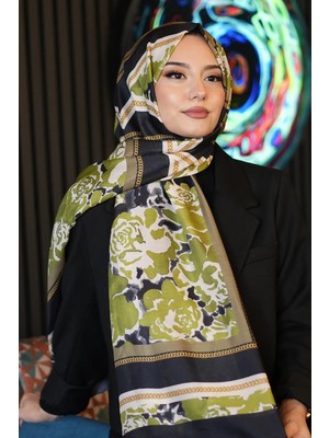 Afvente Zincir Gül Desen Yağ Yeşili Soft Pamuk Şal