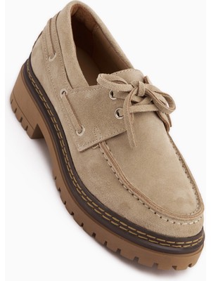 Limoya Matina Hakiki Deri Bej Süet Bağcıklı Kalın Taban Kadın Loafer Ayakkabı