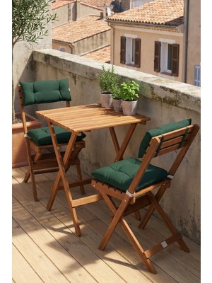 Reyo Ahşap Katlanır Minderli 3'lü Bistro Set Mutfak Balkon Bahçe Masa Sandalye Seti Ceviz Yeşil