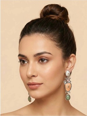 Gante Life Turuncu ve Yeşil Taşlı Üzeri Işleme Detaylı Sallantılı Kadın Küpe