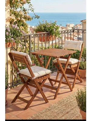 Reyo Ahşap Katlanır Minderli 3'lü Bistro Set Mutfak Balkon Bahçe Masa Sandalye Seti Ceviz Krem