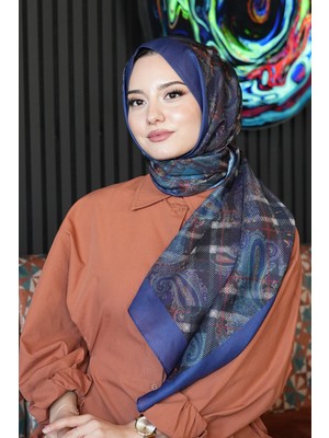 Afvente Ekose Paisley Desen Lacivert Soft Pamuk Şal
