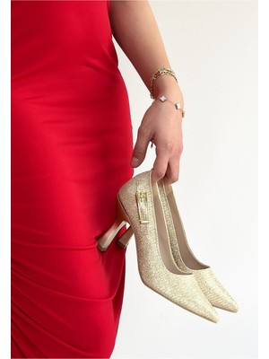 Shoegar Cerin Gold Saten Simli Topuklu Ayakkabı