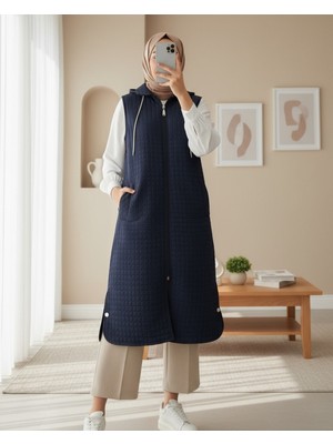 Modamorfo Fermuarlı Kapşonlu Cepli Uzun Kapitone Yelek -Laci